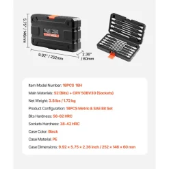 VEVOR Extra Long Allen Hex Bit Socket Set, 18-Piece 3/8 inch Drive, S2 Alloy Steel and Cr-V Steel, Standard SAE and Metric 1/8-Inch-3/8-Inch, 3-12mm, with Enhanced Storage Case, for Mechanics