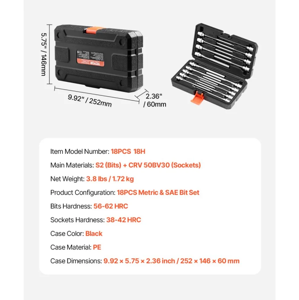 VEVOR Extra Long Allen Hex Bit Socket Set, 18-Piece 3/8 inch Drive, S2 Alloy Steel and Cr-V Steel, Standard SAE and Metric 1/8-Inch-3/8-Inch, 3-12mm, with Enhanced Storage Case, for Mechanics