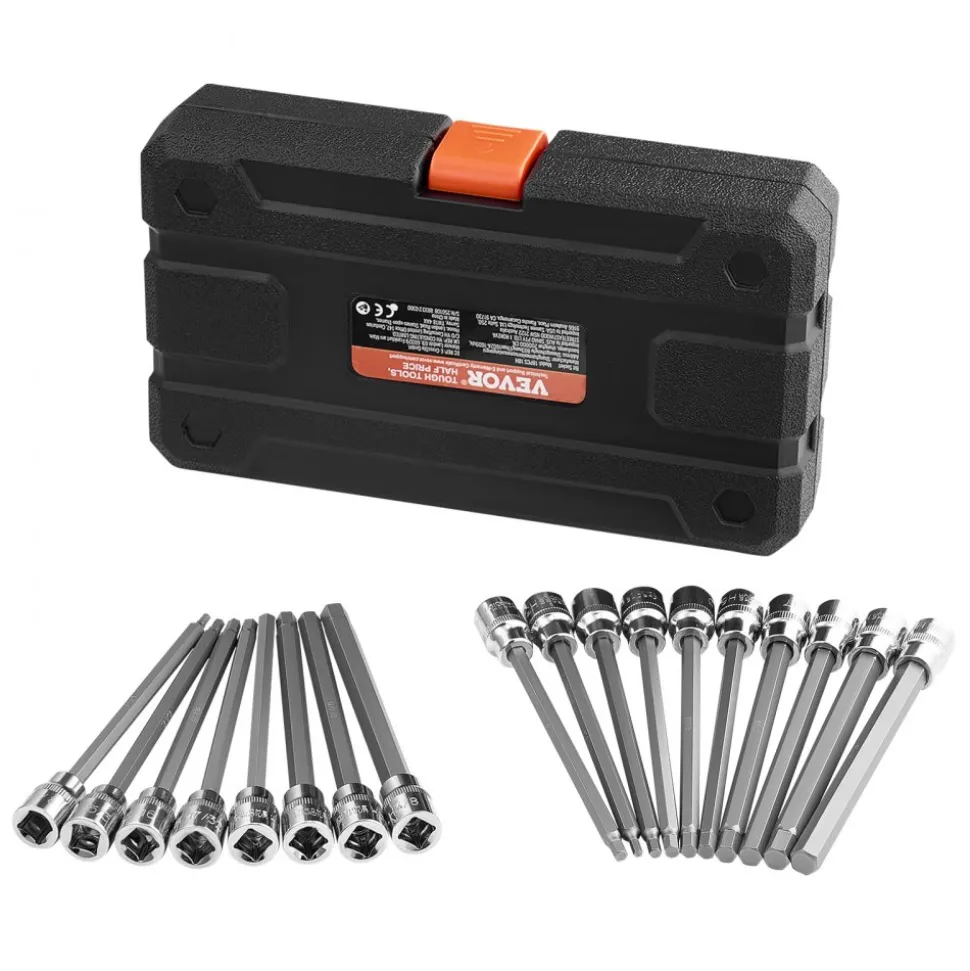 VEVOR Extra Long Allen Hex Bit Socket Set, 18-Piece 3/8 inch Drive, S2 Alloy Steel and Cr-V Steel, Standard SAE and Metric 1/8-Inch-3/8-Inch, 3-12mm, with Enhanced Storage Case, for Mechanics