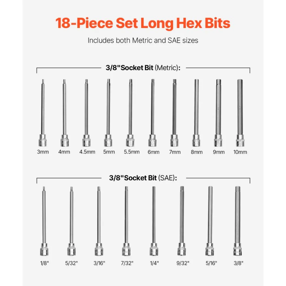 VEVOR Extra Long Allen Hex Bit Socket Set, 18-Piece 3/8 inch Drive, S2 Alloy Steel and Cr-V Steel, Standard SAE and Metric 1/8-Inch-3/8-Inch, 3-12mm, with Enhanced Storage Case, for Mechanics