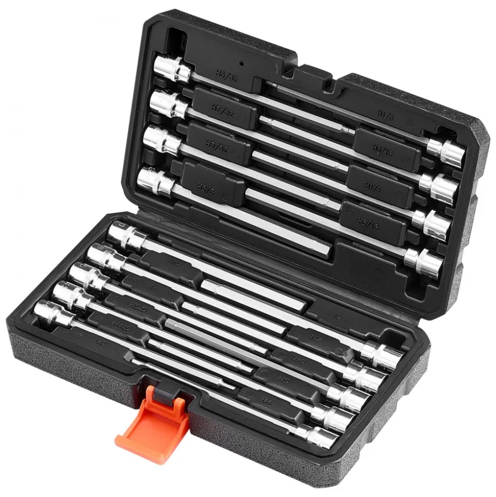 VEVOR Extra Long Allen Hex Bit Socket Set, 18-Piece 3/8 inch Drive, S2 Alloy Steel and Cr-V Steel, Standard SAE and Metric 1/8-Inch-3/8-Inch, 3-12mm, with Enhanced Storage Case, for Mechanics