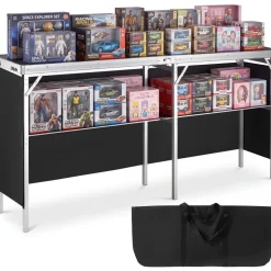 VEVOR Extra Long Folding Portable Bar Table - Tradeshow Podium Table for Indoor, Outdoor, Party, Picnic, Exhibition, Includes Carrying Case, Storage Shelf and  Black Skirt, 77.95" x 15.16" x 34.65"