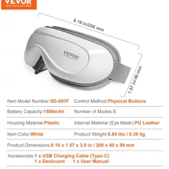 VEVOR Eye Massager with Heat, Heated Eye Massage Mask with 5 Modes and Bluetooth Music, 180° Foldable Eye Care Massager for Migraines, Eye Strain, Dark Circles, Ideal Gift for Mom/Dad, White