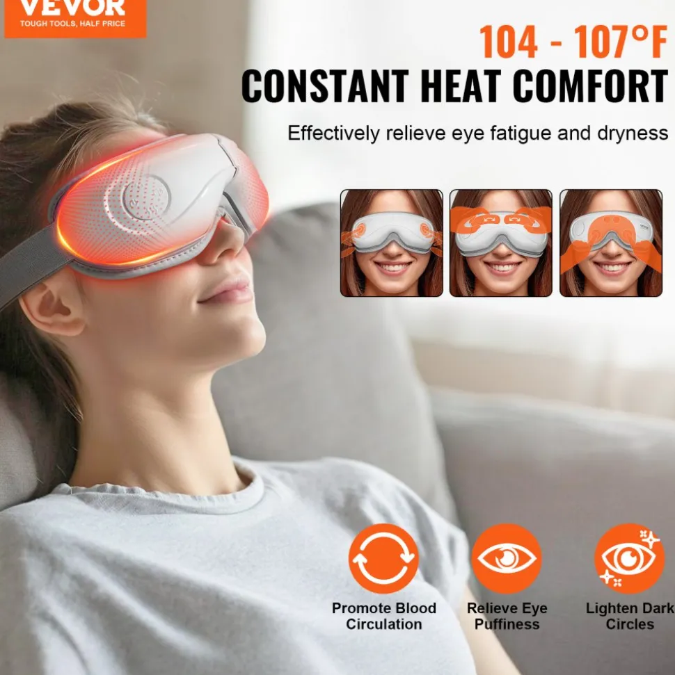 VEVOR Eye Massager with Heat, Heated Eye Massage Mask with 5 Modes and Bluetooth Music, 180° Foldable Eye Care Massager for Migraines, Eye Strain, Dark Circles, Ideal Gift for Mom/Dad, White