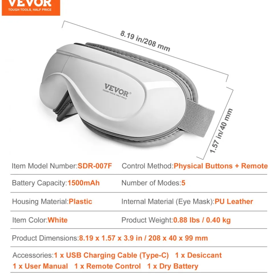 VEVOR Eye Massager with Heat & Remote, Heated Eye Massage Mask with 5 Modes and Bluetooth Music, 180° Foldable Eye Care Massager for Eye Strain, Dry Eyes, Dark Circles, Ideal Gift for Mom/Dad, Black