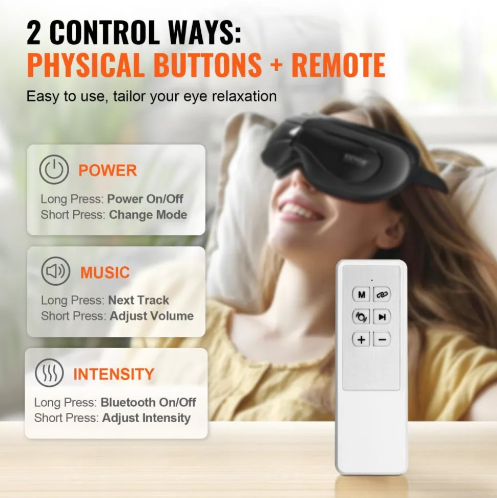 VEVOR Eye Massager with Heat & Remote, Heated Eye Massage Mask with 5 Modes and Bluetooth Music, 180° Foldable Eye Care Massager for Eye Strain, Dry Eyes, Dark Circles, Ideal Gift for Mom/Dad, Black