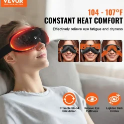 VEVOR Eye Massager with Heat & Remote, Heated Eye Massage Mask with 5 Modes and Bluetooth Music, 180° Foldable Eye Care Massager for Eye Strain, Dry Eyes, Dark Circles, Ideal Gift for Mom/Dad, Black