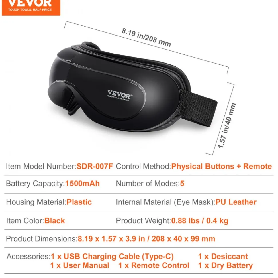 VEVOR Eye Massager with Heat & Remote, Heated Eye Massage Mask with 5 Modes and Bluetooth Music, 180° Foldable Eye Care Massager for Eye Strain, Dry Eyes, Dark Circles, Ideal Gift for Mom/Dad, Black