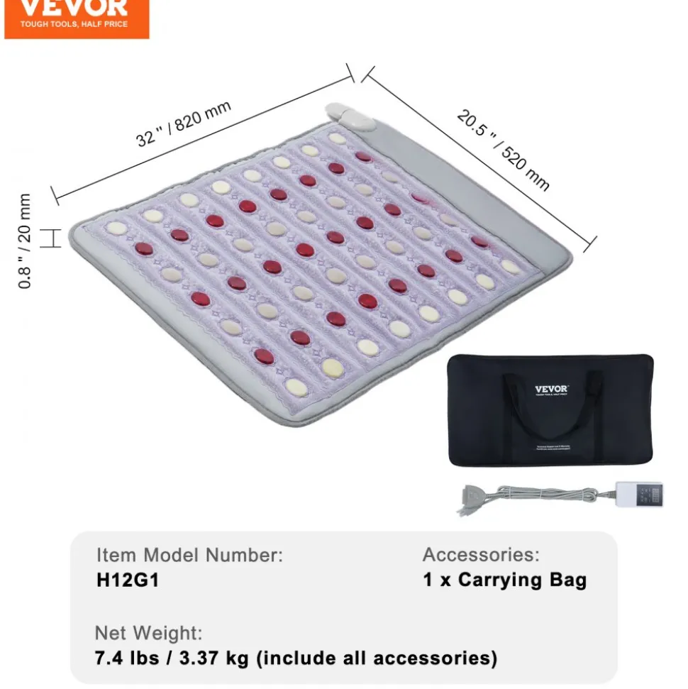 VEVOR Far Infrared Heating Pad, Amethyst Heating Pad with Jade & Tourmaline Stones, 660nm Photon Light & Negative Ions, 103-159℉ Hot Gemstones Mat with 0-12 Hours Timer for Pain Relief (32" x 20")