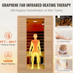 VEVOR Far Infrared Wooden Sauna, Room Home Sauna Spa for 2 Person, Low EMF Far Infrared Hemlock Wood Saunas with Tempered Glass Door & 2 Bluetooth Speakers, 1800W Indoor Use
