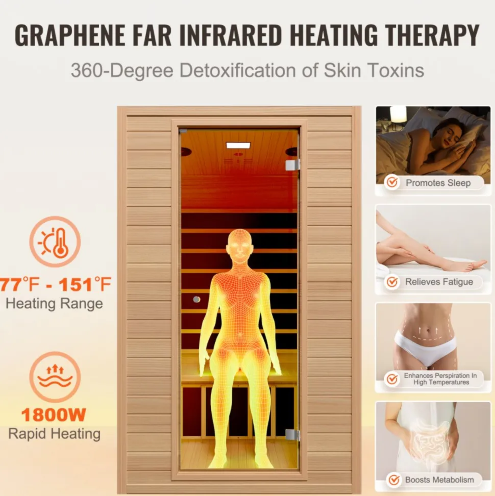 VEVOR Far Infrared Wooden Sauna, Room Home Sauna Spa for 2 Person, Low EMF Far Infrared Hemlock Wood Saunas with Tempered Glass Door & 2 Bluetooth Speakers, 1800W Indoor Use