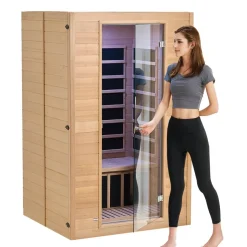 VEVOR Far Infrared Wooden Sauna, Room Home Sauna Spa for 2 Person, Low EMF Far Infrared Hemlock Wood Saunas with Tempered Glass Door & 2 Bluetooth Speakers, 1800W Indoor Use