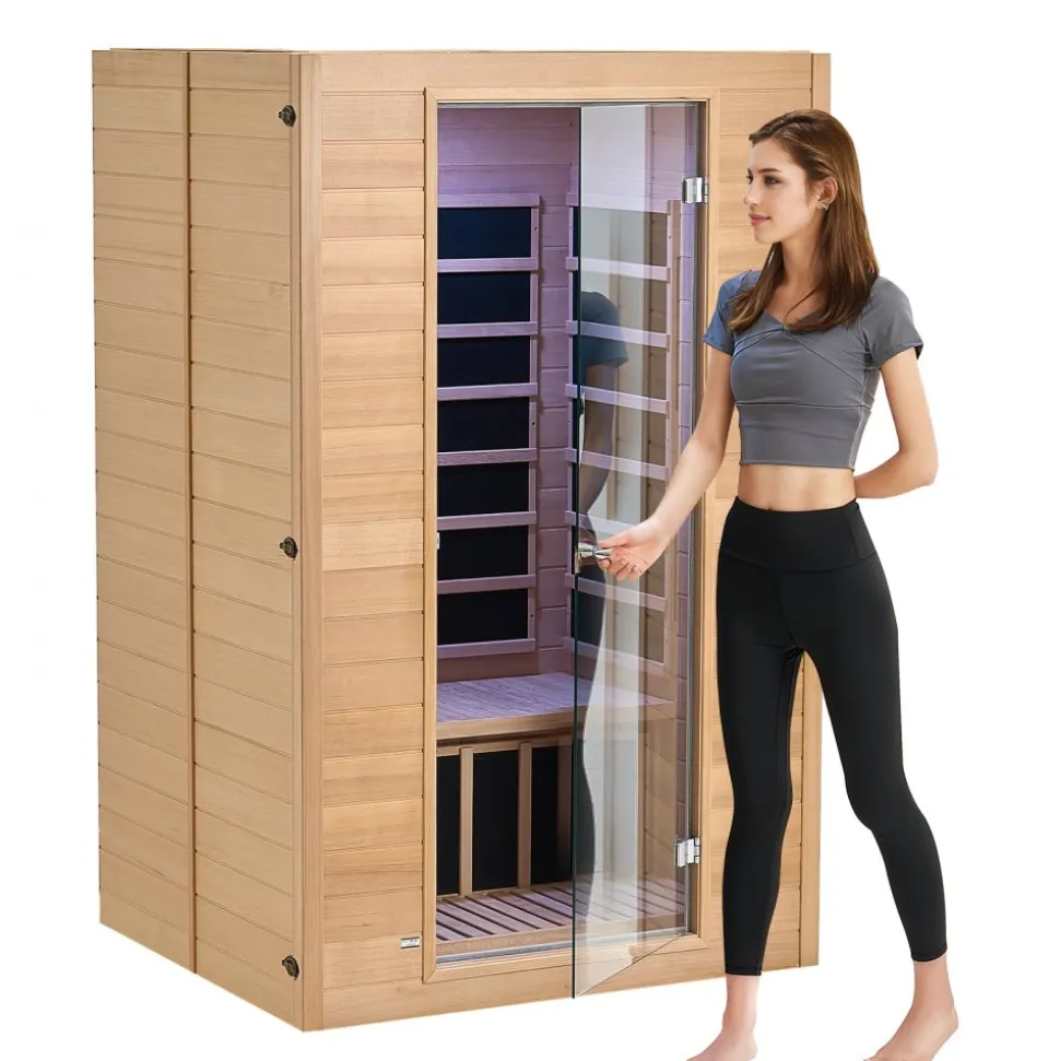 VEVOR Far Infrared Wooden Sauna, Room Home Sauna Spa for 2 Person, Low EMF Far Infrared Hemlock Wood Saunas with Tempered Glass Door & 2 Bluetooth Speakers, 1800W Indoor Use