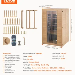 VEVOR Far Infrared Wooden Sauna, Room Home Sauna Spa for 2 Person, Low EMF Far Infrared Hemlock Wood Saunas with Tempered Glass Door & 2 Bluetooth Speakers, 1800W Indoor Use