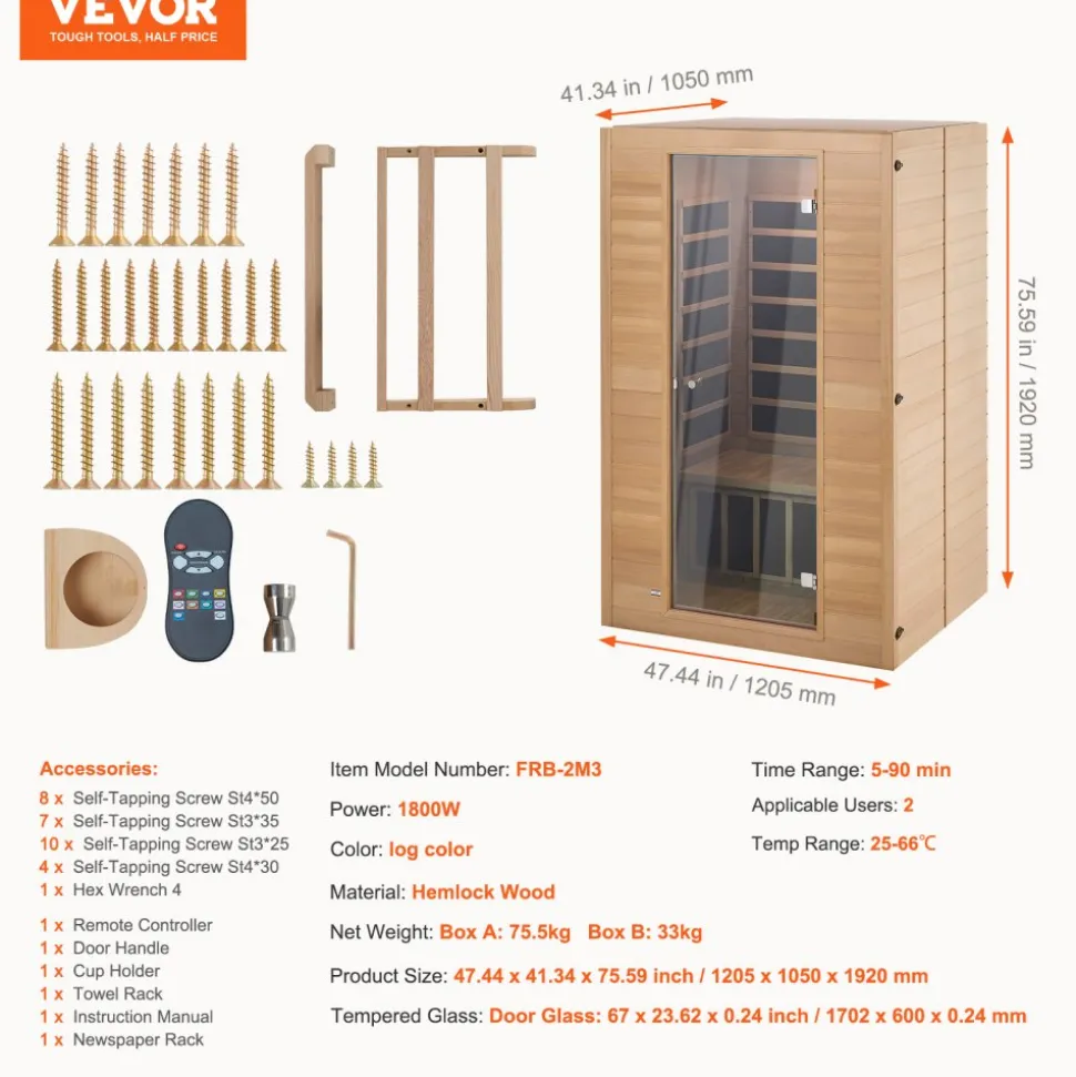 VEVOR Far Infrared Wooden Sauna, Room Home Sauna Spa for 2 Person, Low EMF Far Infrared Hemlock Wood Saunas with Tempered Glass Door & 2 Bluetooth Speakers, 1800W Indoor Use