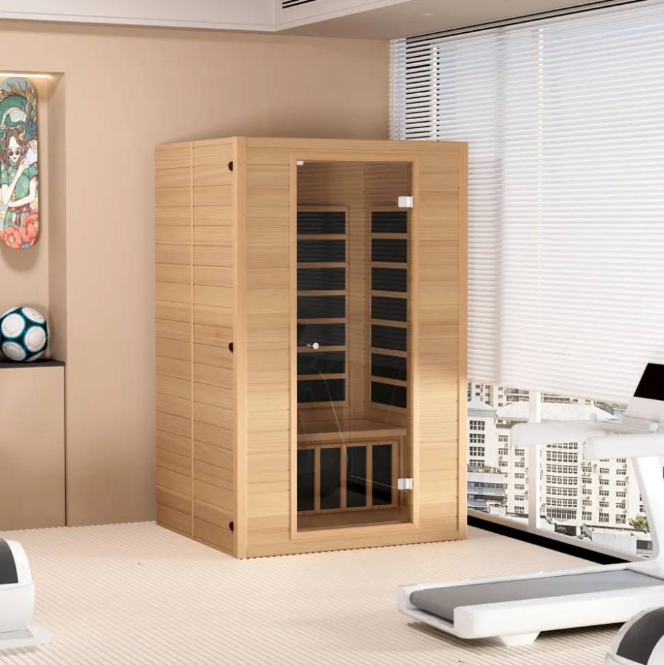 VEVOR Far Infrared Wooden Sauna, Room Home Sauna Spa for 2 Person, Low EMF Far Infrared Hemlock Wood Saunas with Tempered Glass Door & 2 Bluetooth Speakers, 1800W Indoor Use