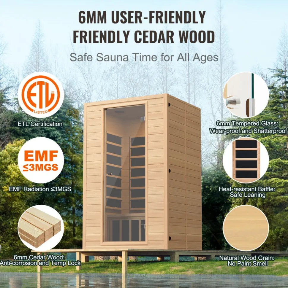 VEVOR Far Infrared Wooden Sauna, Room Home Sauna Spa for 2 Person, Low EMF Far Infrared Hemlock Wood Saunas with Tempered Glass Door & 2 Bluetooth Speakers, 1800W Indoor Use
