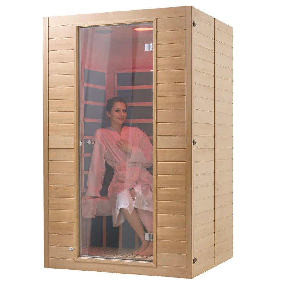 VEVOR Far Infrared Wooden Sauna, Room Home Sauna Spa for 2 Person, Low EMF Far Infrared Hemlock Wood Saunas with Tempered Glass Door & 2 Bluetooth Speakers, 1800W Indoor Use