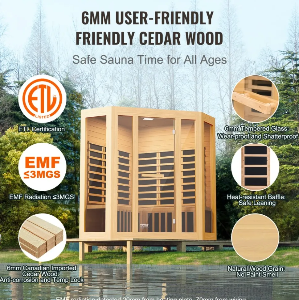 VEVOR Far Infrared Wooden Sauna, Room Home Sauna Spa for 3 to 4 Person, Low EMF Far Infrared Hemlock Wood Sauna with Tempered Glass Door & Bluetooth Speakers & Chromotherapy Lights, 2470W Indoor