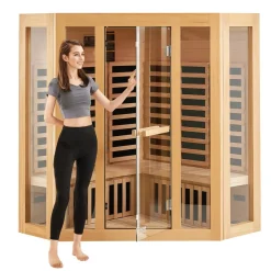 VEVOR Far Infrared Wooden Sauna, Room Home Sauna Spa for 3 to 4 Person, Low EMF Far Infrared Hemlock Wood Sauna with Tempered Glass Door & Bluetooth Speakers & Chromotherapy Lights, 2470W Indoor