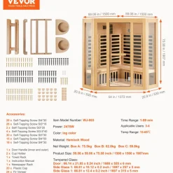VEVOR Far Infrared Wooden Sauna, Room Home Sauna Spa for 3 to 4 Person, Low EMF Far Infrared Hemlock Wood Sauna with Tempered Glass Door & Bluetooth Speakers & Chromotherapy Lights, 2470W Indoor