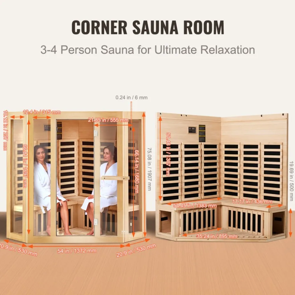 VEVOR Far Infrared Wooden Sauna, Room Home Sauna Spa for 3 to 4 Person, Low EMF Far Infrared Hemlock Wood Sauna with Tempered Glass Door & Bluetooth Speakers & Chromotherapy Lights, 2470W Indoor