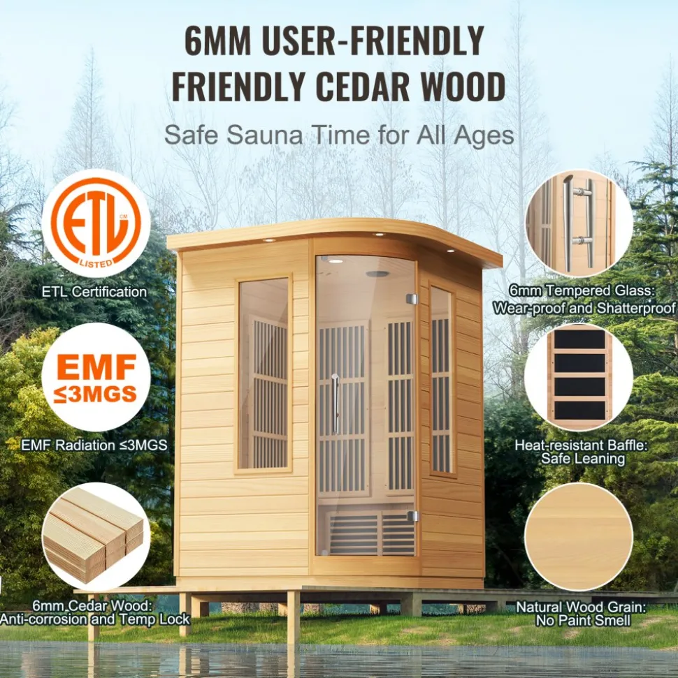 VEVOR Far Infrared Wooden Sauna, Room Home Sauna Spa for 1 to 2 Person, Low EMF Far Infrared Hemlock Wood Sauna with Tempered Glass Door & Multicolor Lamp & Bluetooth Speakers & Chromotherapy Lights,