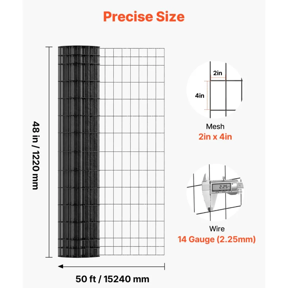 VEVOR Farm Fence, 48 in x 50 ft, 2 x 4 in Mesh 14 Gauge Galvanized Steel Wire Fencing for Cattle, Hog & Sheep , Heavy Duty Vinyl Coated Livestock Fence for Animal Enclosures, Cage Wire, Garden Fences