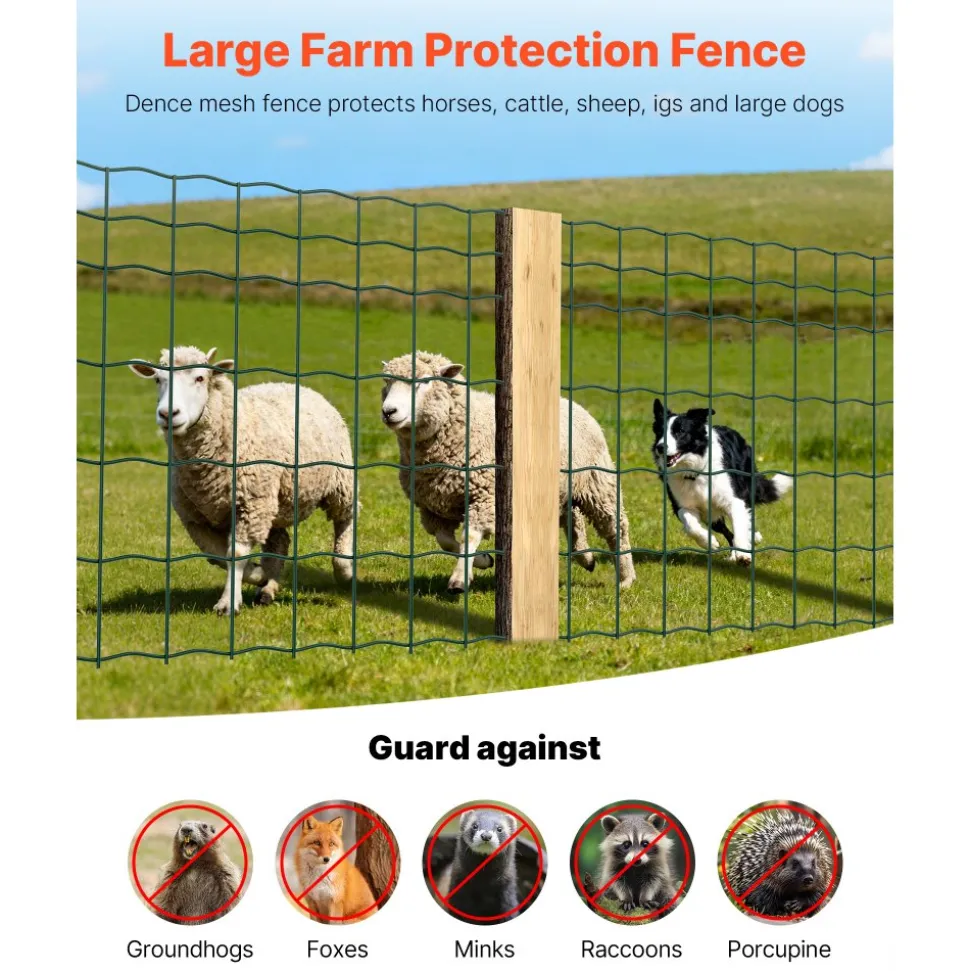 VEVOR Farm Fence, 39 x 787 in, 4 x 4 in Mesh 2.1mm Galvanized Steel Wire Fencing for Cattle, Hog & Sheep, Heavy Duty Vinyl Coated Livestock Fence for Animal Enclosures, Cage Wire, Garden Fences, Green