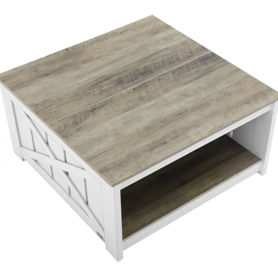 VEVOR 31.5" Farmhouse Coffee Table, Square Coffee Table with Open Storage Compartment, Wooden Rustic Cocktail Table for Living Room, Bedroom, Apartment, Studio, Gray & White