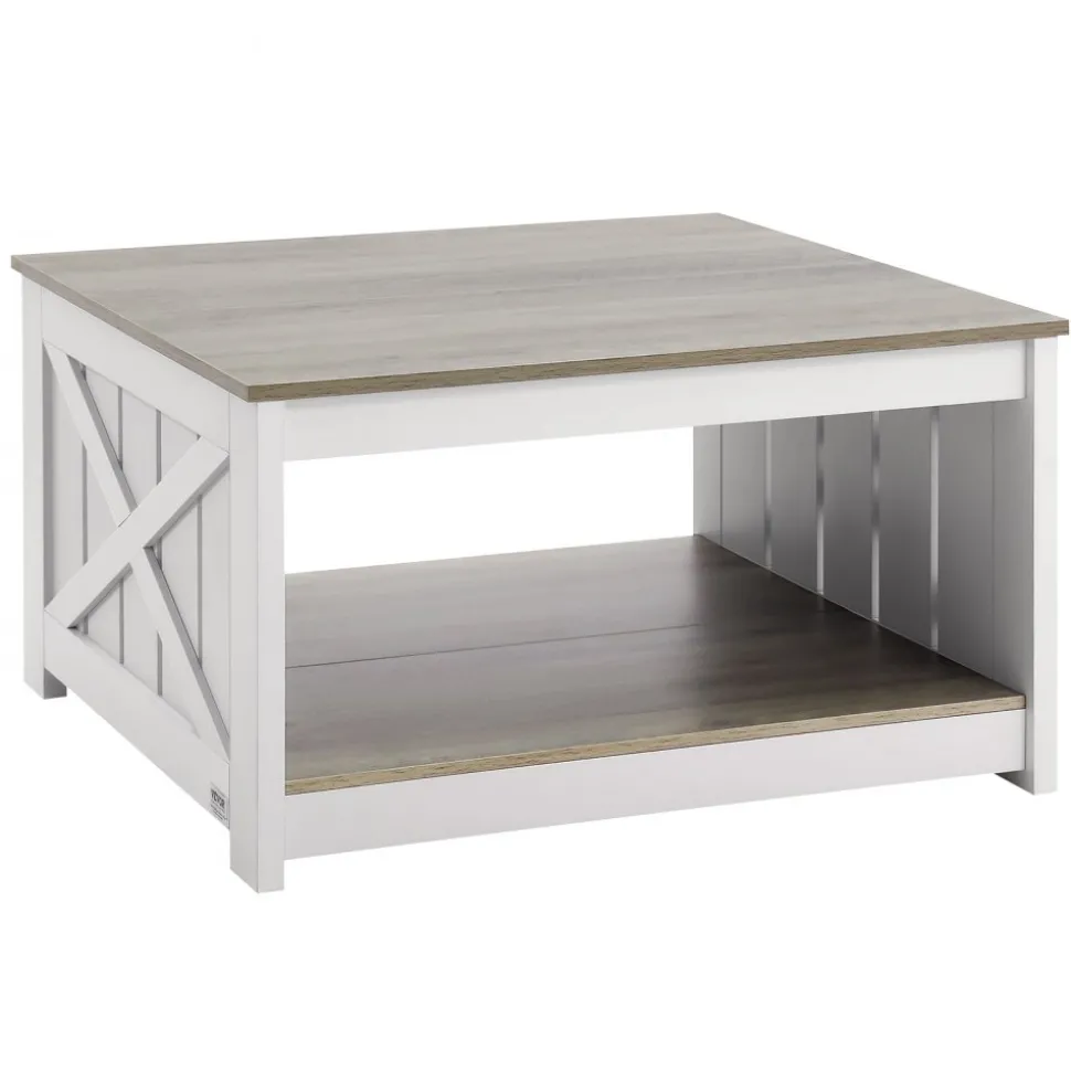 VEVOR 31.5" Farmhouse Coffee Table, Square Coffee Table with Open Storage Compartment, Wooden Rustic Cocktail Table for Living Room, Bedroom, Apartment, Studio, Gray & White
