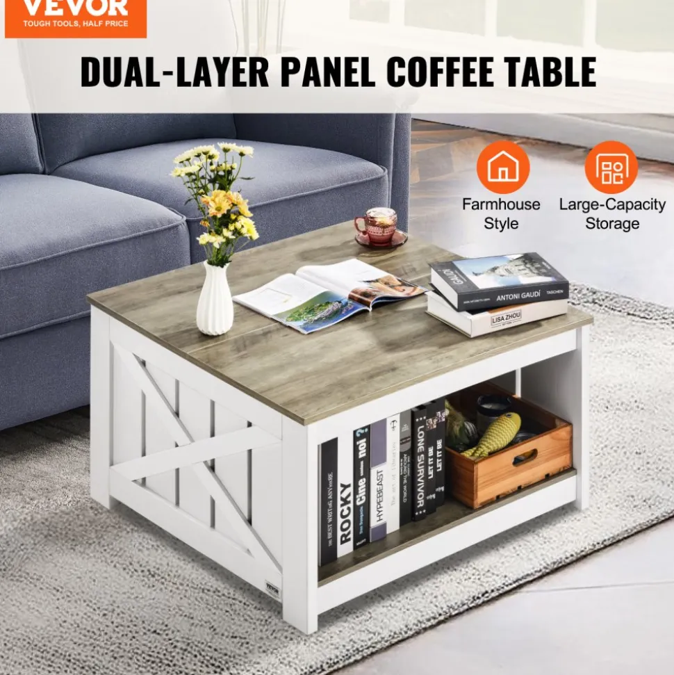 VEVOR 31.5" Farmhouse Coffee Table, Square Coffee Table with Open Storage Compartment, Wooden Rustic Cocktail Table for Living Room, Bedroom, Apartment, Studio, Gray & White