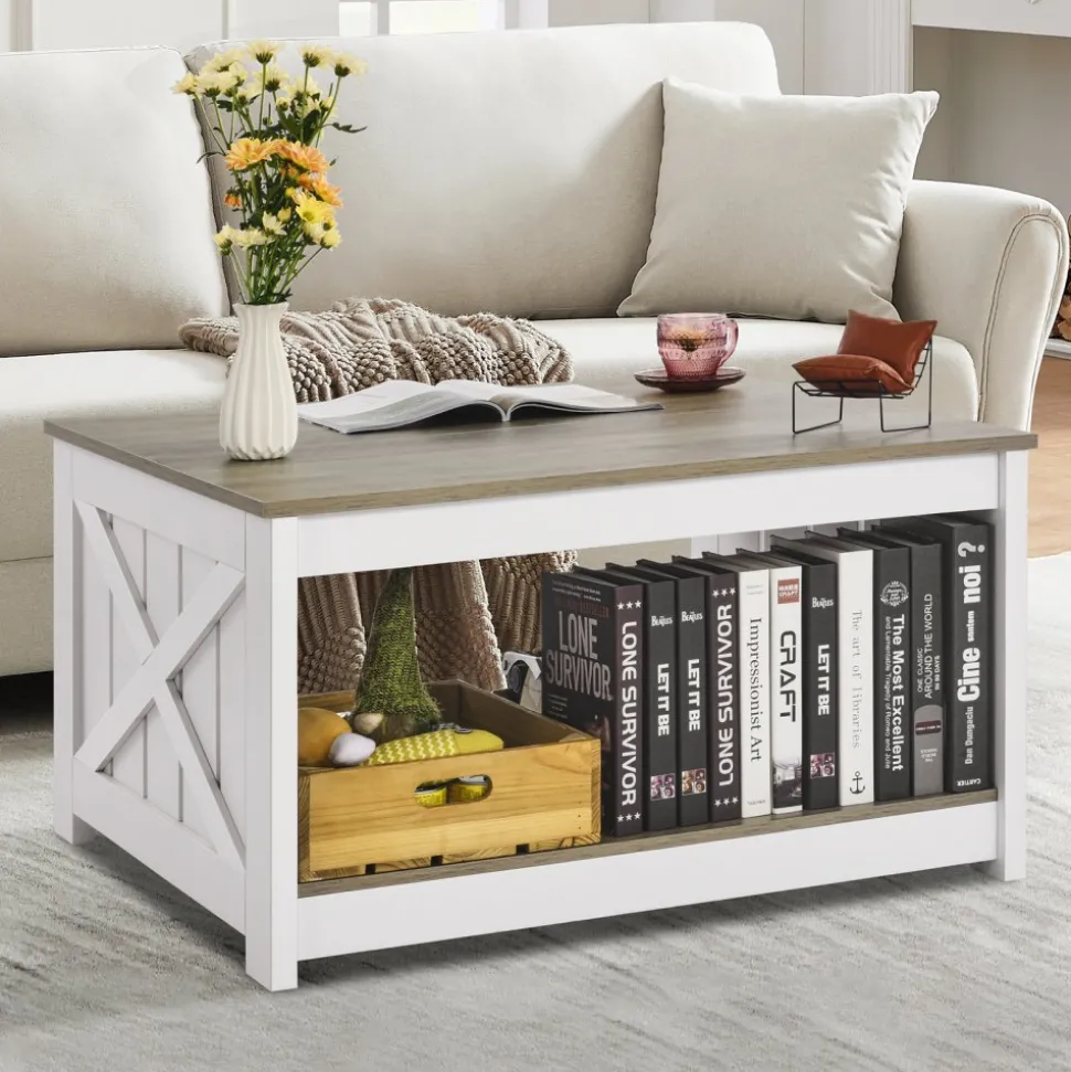 VEVOR 31.5" Farmhouse Coffee Table, Square Coffee Table with Open Storage Compartment, Wooden Rustic Cocktail Table for Living Room, Bedroom, Apartment, Studio, Gray & White