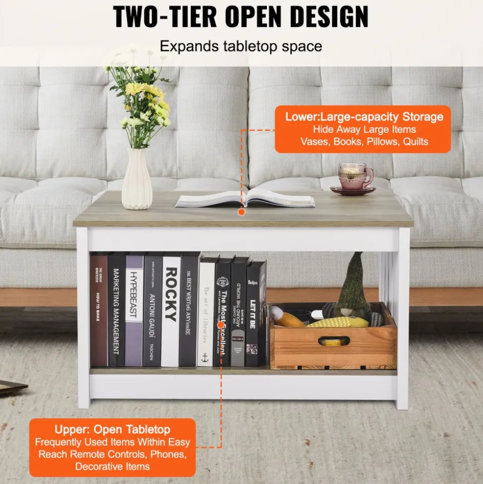 VEVOR 31.5" Farmhouse Coffee Table, Square Coffee Table with Open Storage Compartment, Wooden Rustic Cocktail Table for Living Room, Bedroom, Apartment, Studio, Gray & White