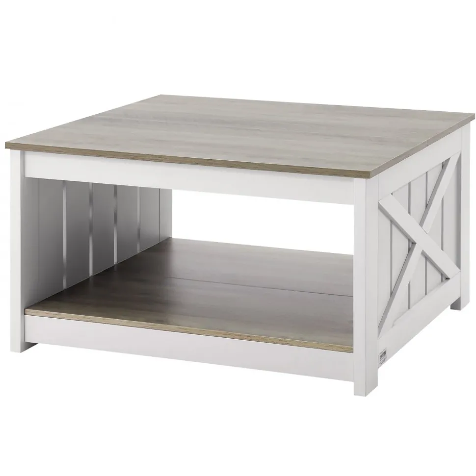 VEVOR 31.5" Farmhouse Coffee Table, Square Coffee Table with Open Storage Compartment, Wooden Rustic Cocktail Table for Living Room, Bedroom, Apartment, Studio, Gray & White