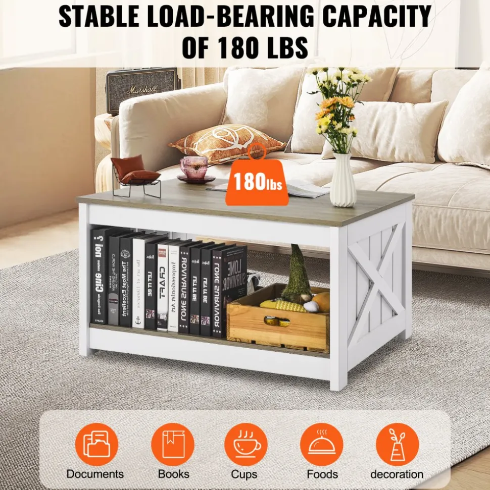 VEVOR 31.5" Farmhouse Coffee Table, Square Coffee Table with Open Storage Compartment, Wooden Rustic Cocktail Table for Living Room, Bedroom, Apartment, Studio, Gray & White