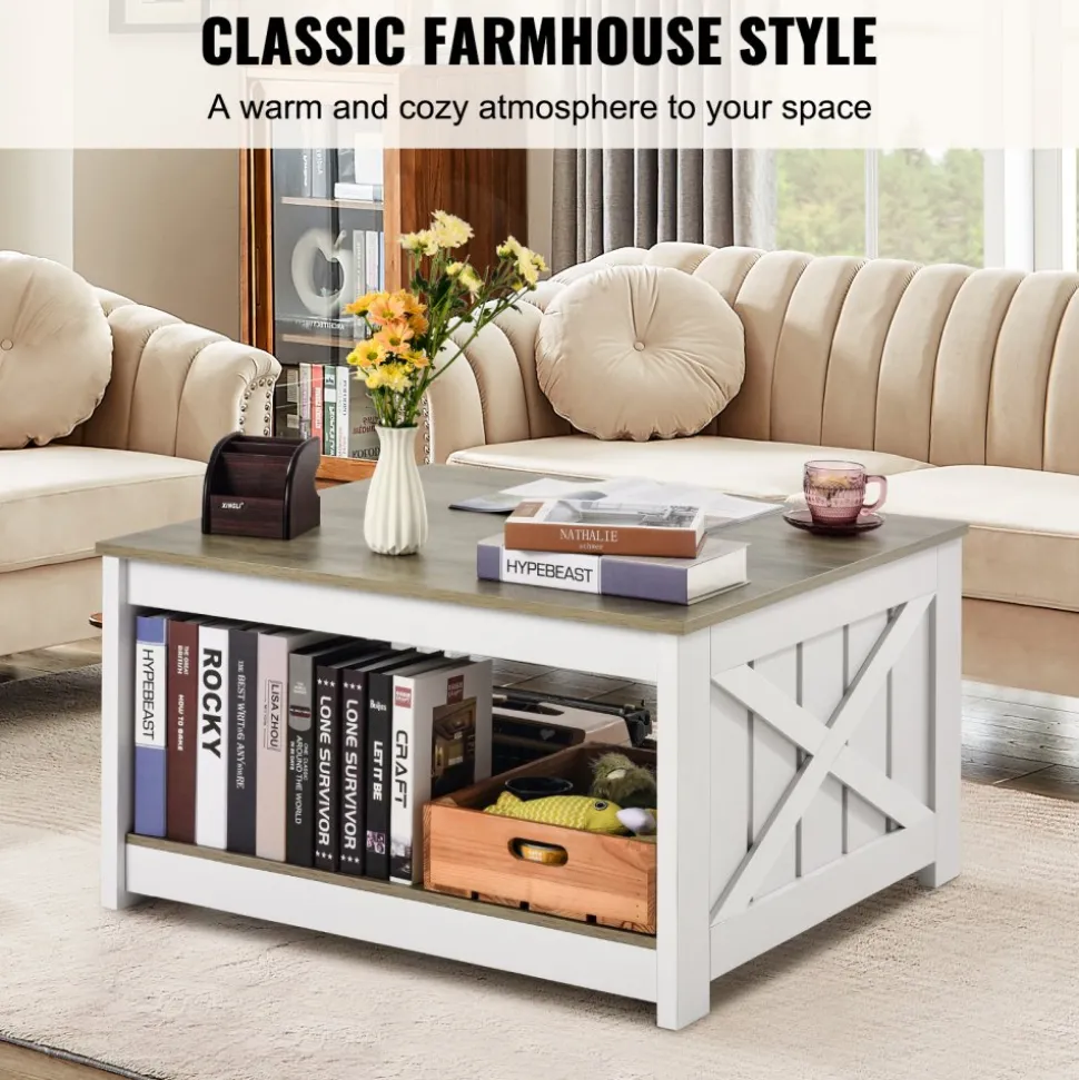 VEVOR 31.5" Farmhouse Coffee Table, Square Coffee Table with Open Storage Compartment, Wooden Rustic Cocktail Table for Living Room, Bedroom, Apartment, Studio, Gray & White