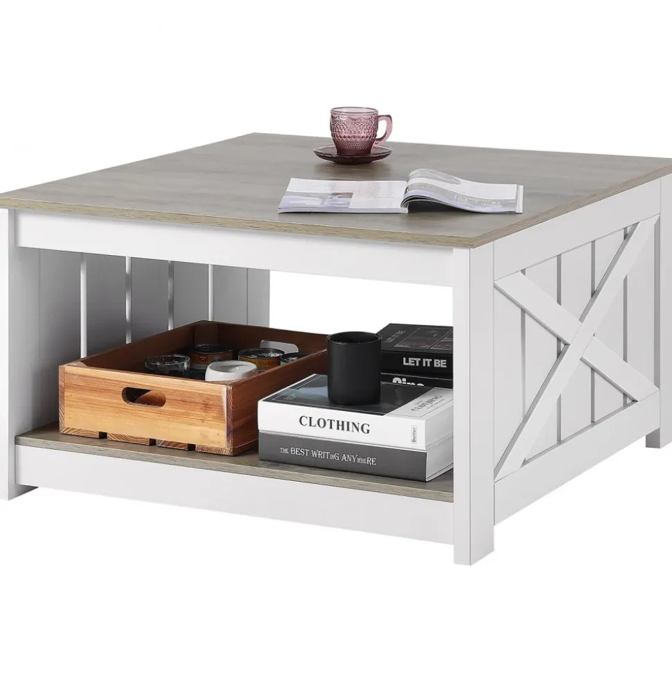 VEVOR 31.5" Farmhouse Coffee Table, Square Coffee Table with Open Storage Compartment, Wooden Rustic Cocktail Table for Living Room, Bedroom, Apartment, Studio, Gray & White