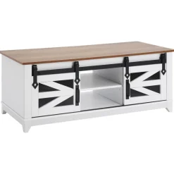 VEVOR 48" Farmhouse Coffee Table, Rectangle Coffee Table with 2 Sliding Barn Doors, 2 Tiers Wooden Rustic Table with Removable Shelves for Living Room, Bedroom, Apartment, or Studio, White & Natural