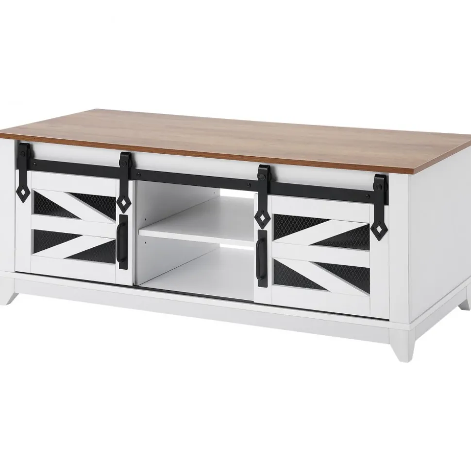 VEVOR 48" Farmhouse Coffee Table, Rectangle Coffee Table with 2 Sliding Barn Doors, 2 Tiers Wooden Rustic Table with Removable Shelves for Living Room, Bedroom, Apartment, or Studio, White & Natural