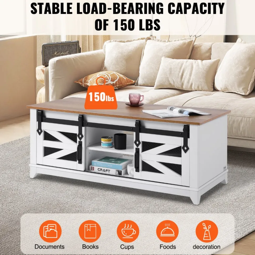 VEVOR 48" Farmhouse Coffee Table, Rectangle Coffee Table with 2 Sliding Barn Doors, 2 Tiers Wooden Rustic Table with Removable Shelves for Living Room, Bedroom, Apartment, or Studio, White & Natural