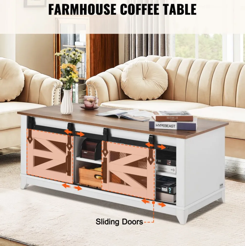 VEVOR 48" Farmhouse Coffee Table, Rectangle Coffee Table with 2 Sliding Barn Doors, 2 Tiers Wooden Rustic Table with Removable Shelves for Living Room, Bedroom, Apartment, or Studio, White & Natural