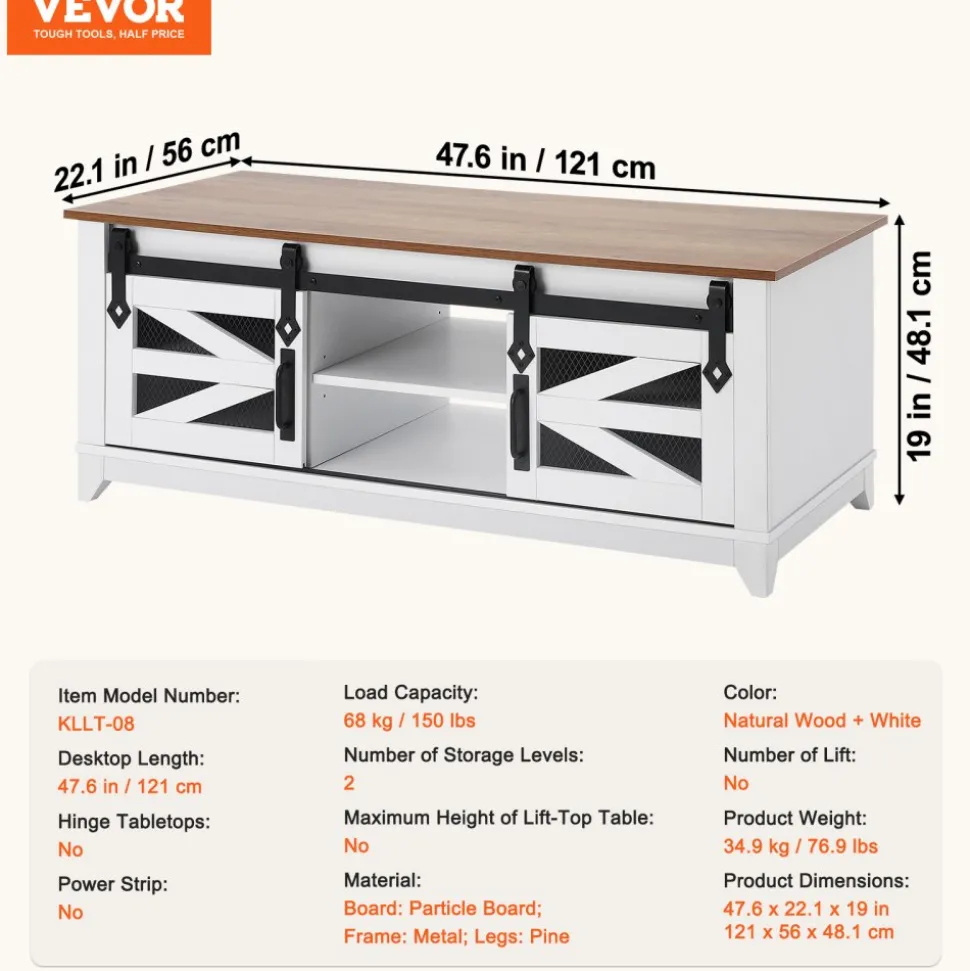 VEVOR 48" Farmhouse Coffee Table, Rectangle Coffee Table with 2 Sliding Barn Doors, 2 Tiers Wooden Rustic Table with Removable Shelves for Living Room, Bedroom, Apartment, or Studio, White & Natural