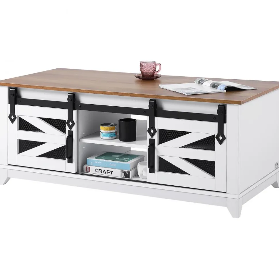VEVOR 48" Farmhouse Coffee Table, Rectangle Coffee Table with 2 Sliding Barn Doors, 2 Tiers Wooden Rustic Table with Removable Shelves for Living Room, Bedroom, Apartment, or Studio, White & Natural