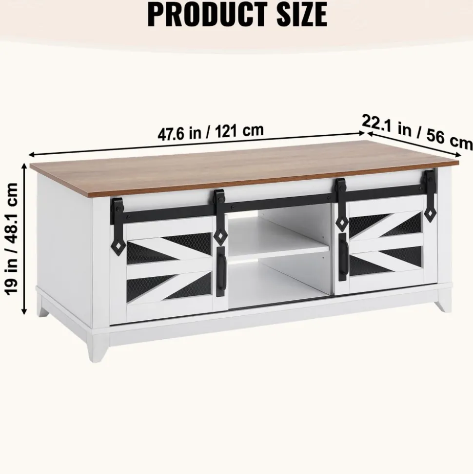 VEVOR 48" Farmhouse Coffee Table, Rectangle Coffee Table with 2 Sliding Barn Doors, 2 Tiers Wooden Rustic Table with Removable Shelves for Living Room, Bedroom, Apartment, or Studio, White & Natural