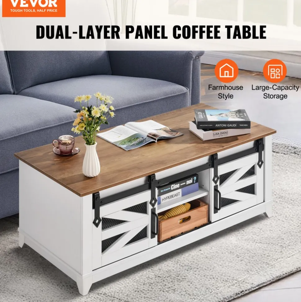 VEVOR 48" Farmhouse Coffee Table, Rectangle Coffee Table with 2 Sliding Barn Doors, 2 Tiers Wooden Rustic Table with Removable Shelves for Living Room, Bedroom, Apartment, or Studio, White & Natural