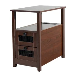 VEVOR Farmhouse End Table, Nightstand with Charging Station, 4 Tiers End Table with Storage Cabinet and 2 Drawers, Side Table with USB Ports and Outlets, Ideal for Living Room, Bedroom, Brown