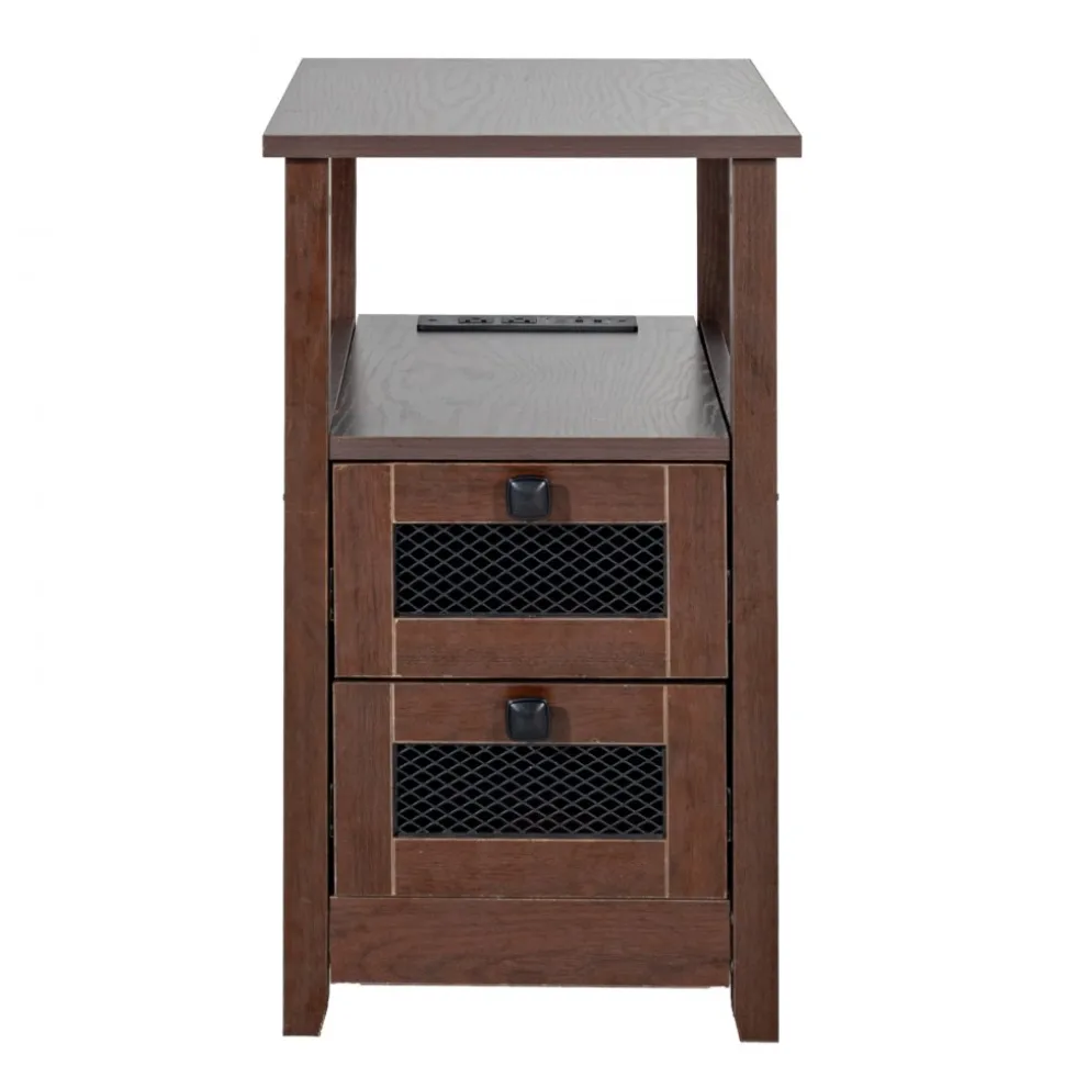 VEVOR Farmhouse End Table, Nightstand with Charging Station, 4 Tiers End Table with Storage Cabinet and 2 Drawers, Side Table with USB Ports and Outlets, Ideal for Living Room, Bedroom, Brown