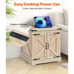 VEVOR Farmhouse End Table, Rectangle PE Rattan Woven Wood Coffee Table, 24-Inch Modern Boho Style Storage Coffee Table with Retro Metal Hinges, for Living Room, Bedroom & Small Spaces