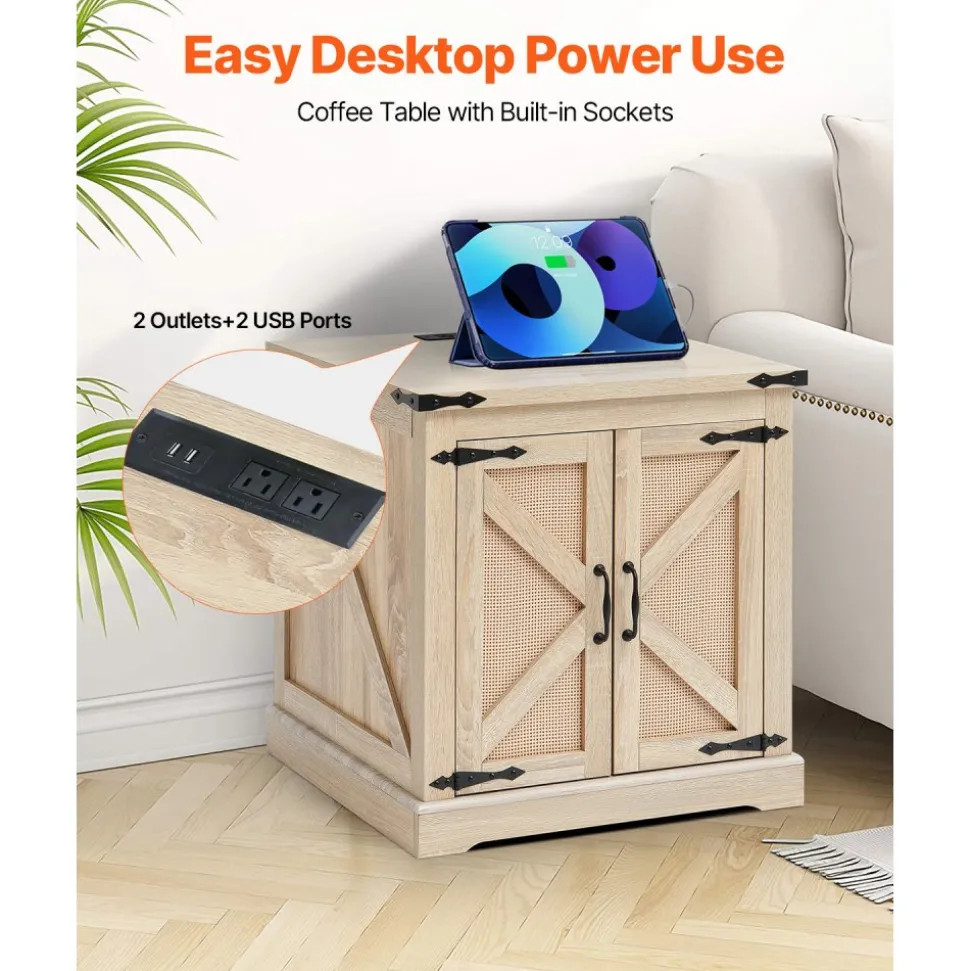 VEVOR Farmhouse End Table, Rectangle PE Rattan Woven Wood Coffee Table, 24-Inch Modern Boho Style Storage Coffee Table with Retro Metal Hinges, for Living Room, Bedroom & Small Spaces